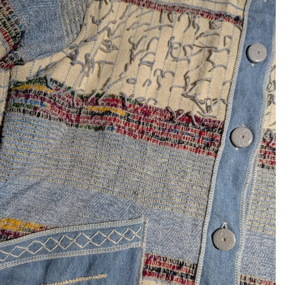 Vtg Y2K Yak Magik Blue Ivory Reversible Fringe Trim0 Blanket Woven Jacket S